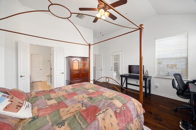 bedroom with visible vents, baseboards, wood finished floors, high vaulted ceiling, and a ceiling fan