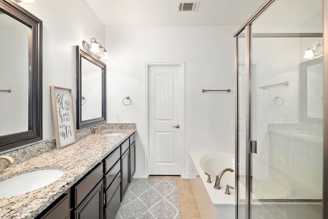 full bathroom with a bath, visible vents, a stall shower, and a sink