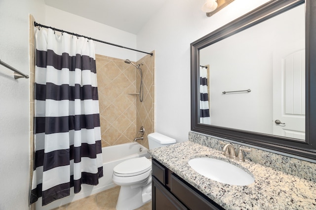 full bath featuring vanity, toilet, shower / bathtub combination with curtain, and tile patterned flooring