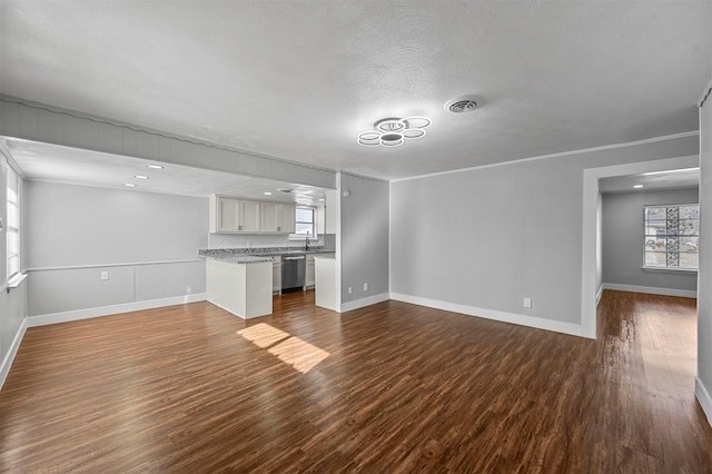 unfurnished living room featuring plenty of natural light, sink, and dark hardwood / wood-style floors