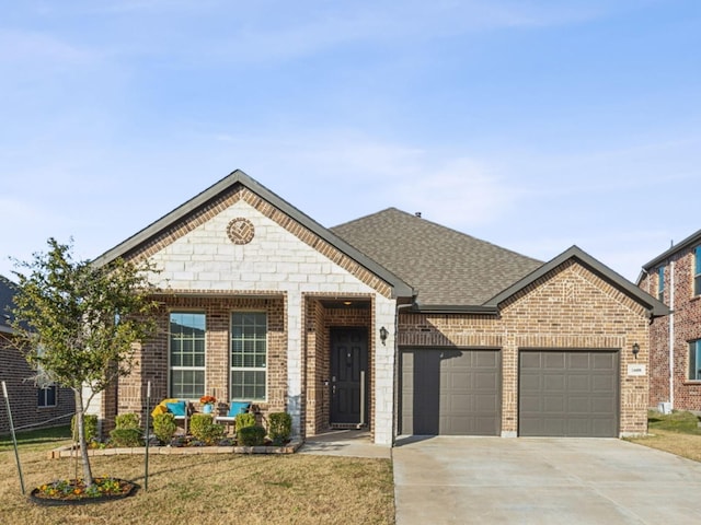 view of front of property featuring a front yard and a garage