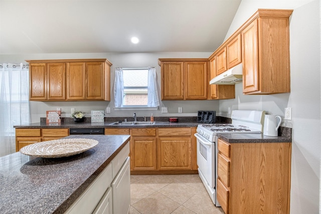 kitchen with lofted ceiling, sink, black dishwasher, white gas stove, and light tile patterned floors