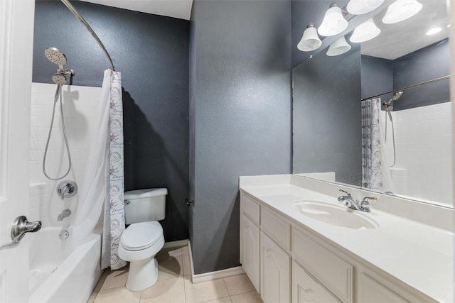 full bathroom featuring tile patterned floors, toilet, shower / tub combo, and vanity