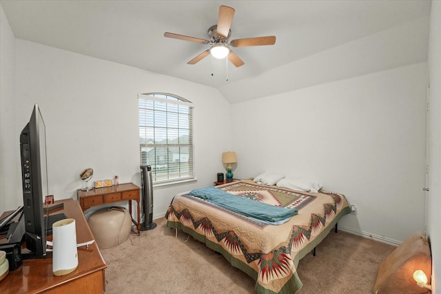 bedroom featuring light carpet, ceiling fan, and lofted ceiling