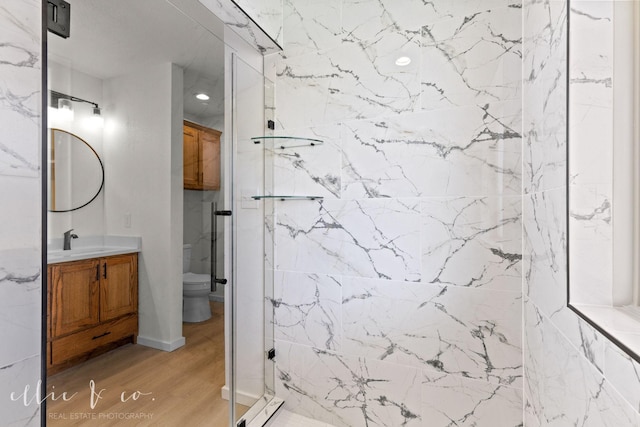 bathroom with an enclosed shower, vanity, wood-type flooring, and toilet