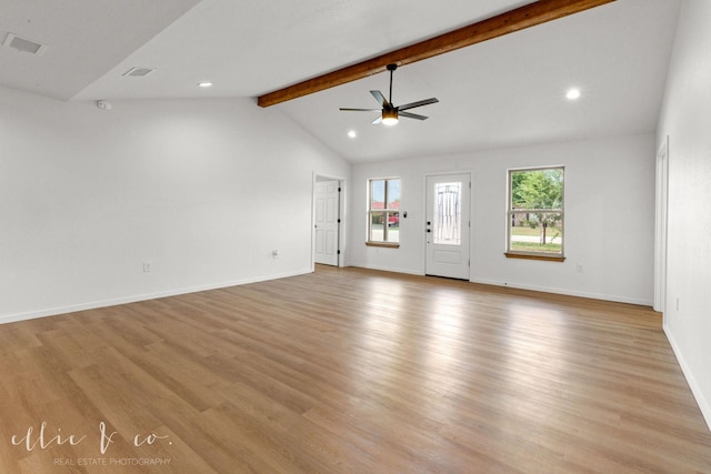 unfurnished living room featuring ceiling fan, light hardwood / wood-style flooring, and lofted ceiling with beams