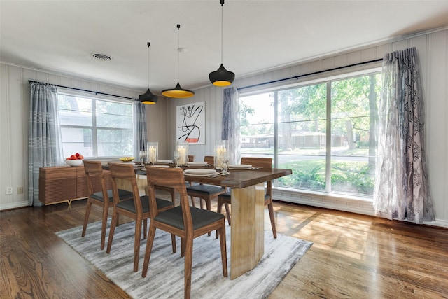 dining room with dark hardwood / wood-style flooring and a healthy amount of sunlight