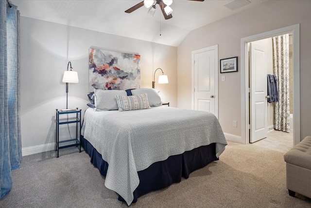 carpeted bedroom featuring ceiling fan and vaulted ceiling