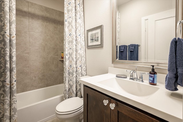 full bathroom with toilet, vanity, and shower / tub combo with curtain