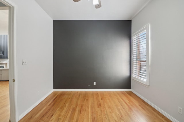 empty room with ceiling fan and light hardwood / wood-style flooring