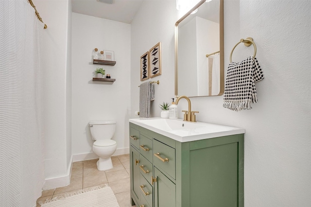 bathroom with toilet, tile patterned flooring, a shower with curtain, and vanity