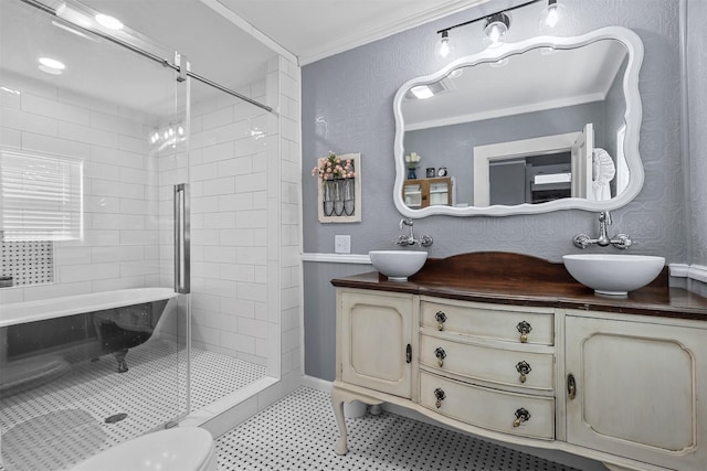 bathroom featuring walk in shower, vanity, toilet, and ornamental molding