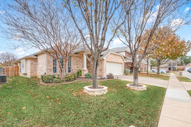 ranch-style home with a front yard, a garage, and cooling unit