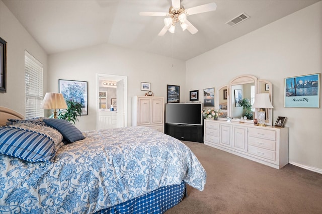 carpeted bedroom featuring ceiling fan and lofted ceiling