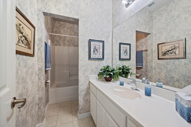 bathroom with bathtub / shower combination, tile patterned flooring, and vanity