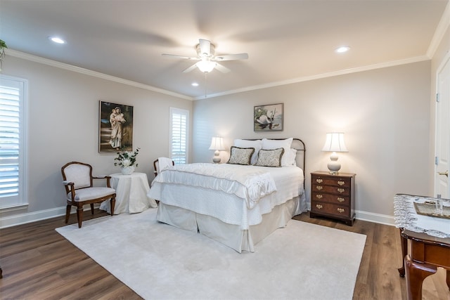 bedroom featuring ceiling fan, dark wood-type flooring, and crown molding