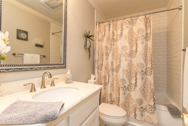 full bathroom featuring toilet, vanity, crown molding, and shower / bath combination with curtain