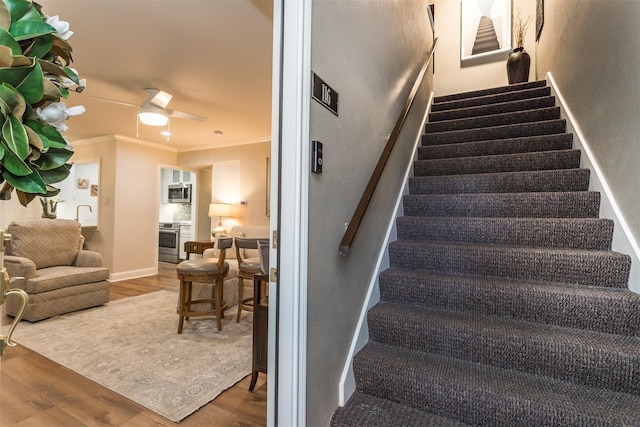 staircase with ornamental molding and hardwood / wood-style floors