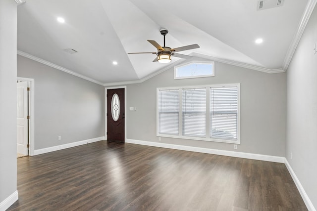 entryway featuring vaulted ceiling, dark wood-type flooring, crown molding, and ceiling fan