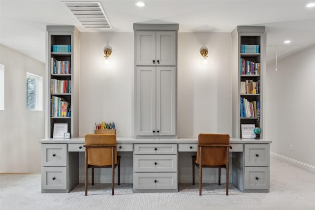 9736 Chiswell Rd, Dallas, TX 75238 - office space featuring recessed lighting, light colored carpet, attic access, built in study area, and visible vents