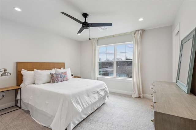 9736 Chiswell Rd, Dallas, TX 75238 - bedroom with light colored carpet, visible vents, recessed lighting, and baseboards