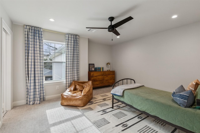 bedroom with ceiling fan and carpet