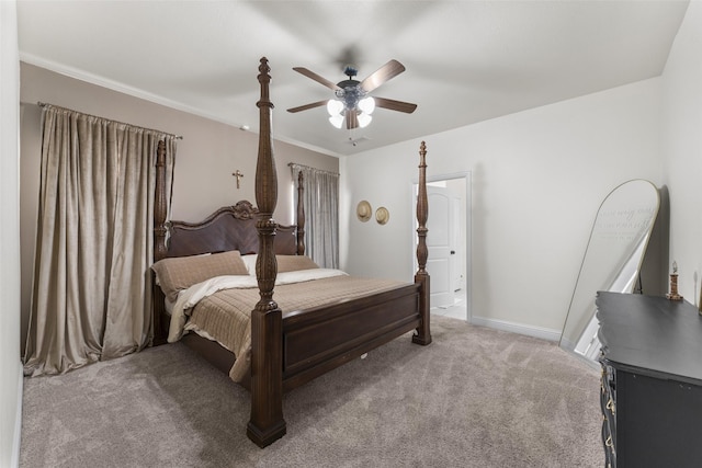 bedroom featuring ceiling fan and light carpet