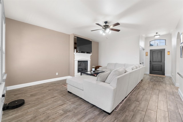 living room featuring ceiling fan and hardwood / wood-style flooring