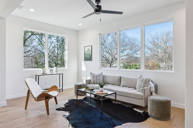 living room featuring ceiling fan and light wood-type flooring