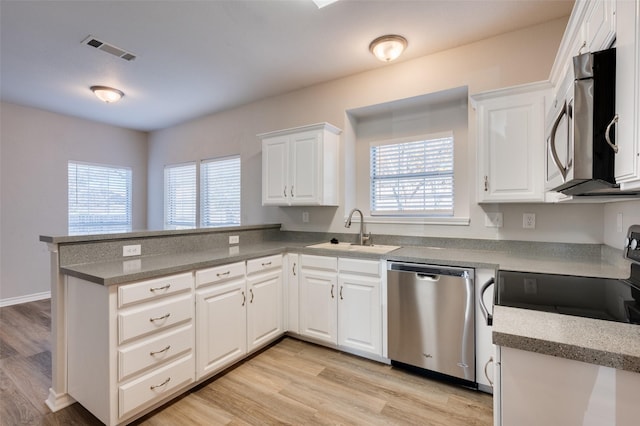 kitchen with sink, white cabinetry, appliances with stainless steel finishes, and kitchen peninsula