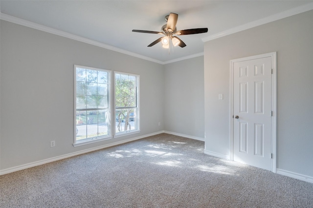 empty room featuring ceiling fan, carpet, and crown molding