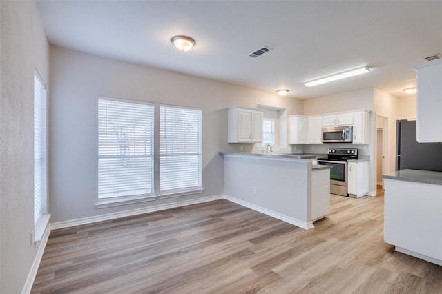 kitchen featuring kitchen peninsula, sink, white cabinetry, light hardwood / wood-style flooring, and stainless steel appliances