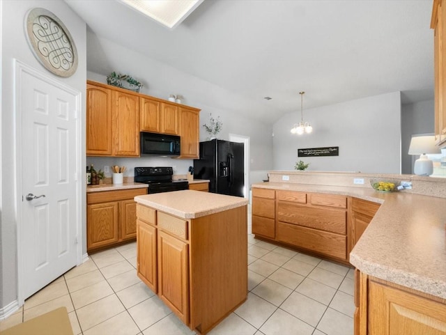 kitchen with a kitchen island, decorative light fixtures, lofted ceiling, a chandelier, and black appliances