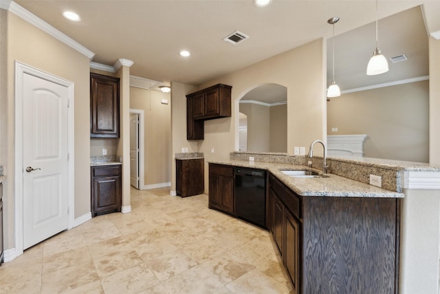 kitchen with decorative light fixtures, dishwasher, sink, dark brown cabinets, and light stone counters