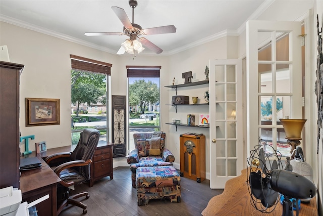 office space with dark wood-type flooring, ceiling fan, and crown molding