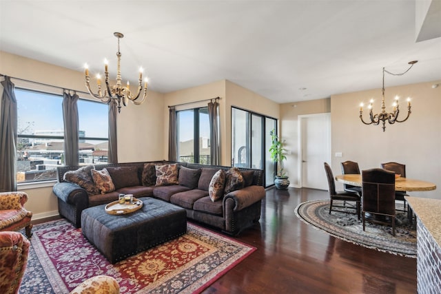 living room featuring hardwood / wood-style floors and a chandelier