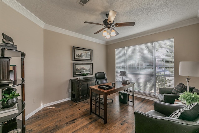 office area with ceiling fan, dark wood-type flooring, a textured ceiling, and ornamental molding