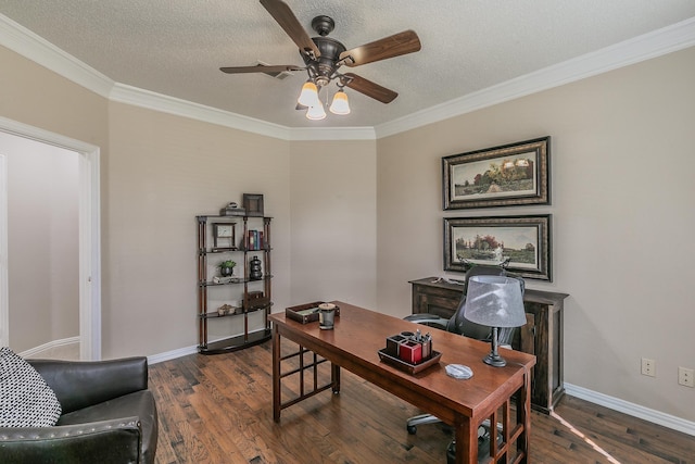 office with a textured ceiling, dark hardwood / wood-style floors, and crown molding