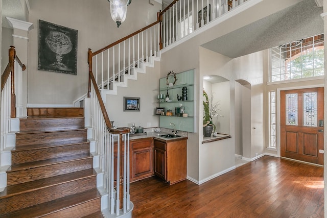 entryway featuring dark wood-type flooring, sink, and a high ceiling