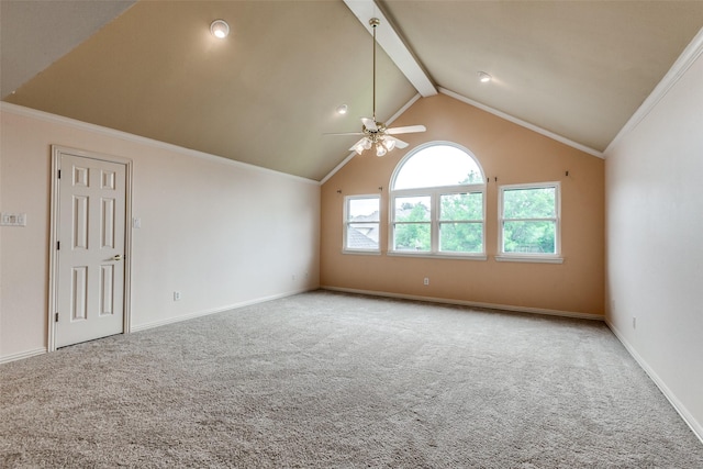 interior space featuring ceiling fan, carpet flooring, and lofted ceiling with beams