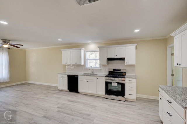 kitchen featuring dishwasher, stainless steel gas range oven, sink, and white cabinetry