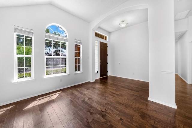 foyer with vaulted ceiling and dark wood-type flooring