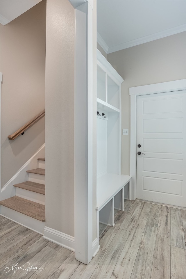 mudroom with light hardwood / wood-style floors and crown molding