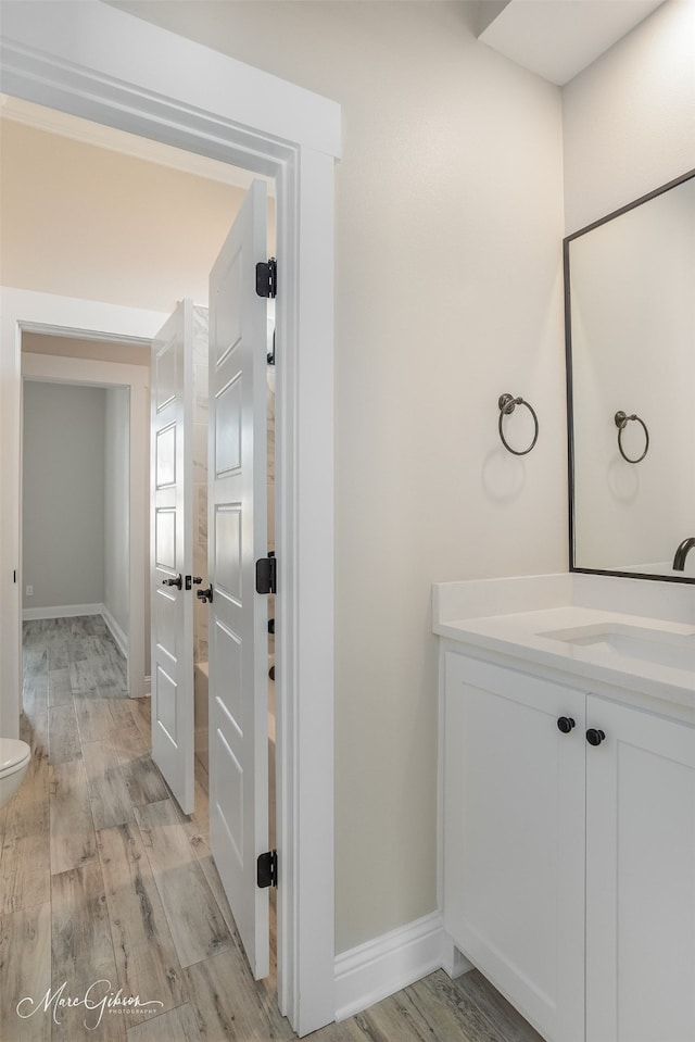 bathroom with hardwood / wood-style floors and vanity