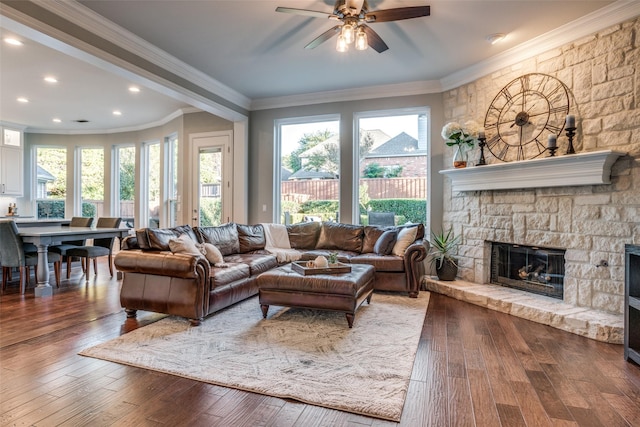 living room featuring wood-type flooring, ornamental molding, and a stone fireplace