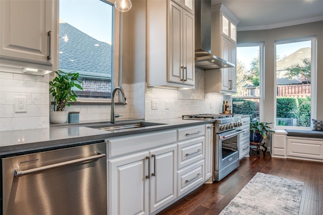 kitchen with white cabinets, wall chimney exhaust hood, stainless steel appliances, sink, and ornamental molding