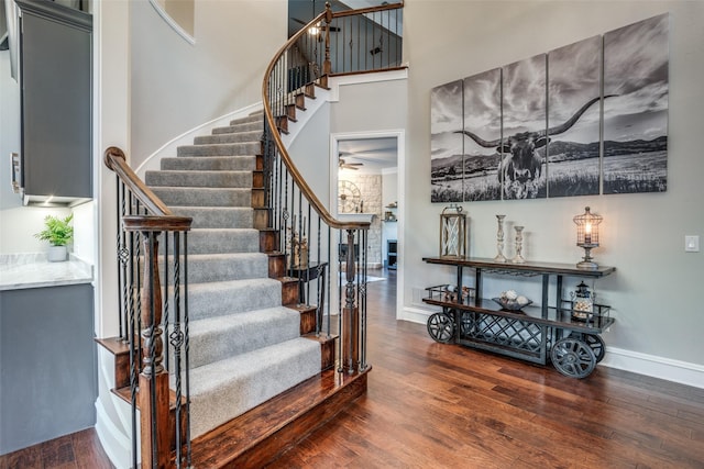 staircase featuring a towering ceiling and wood-type flooring