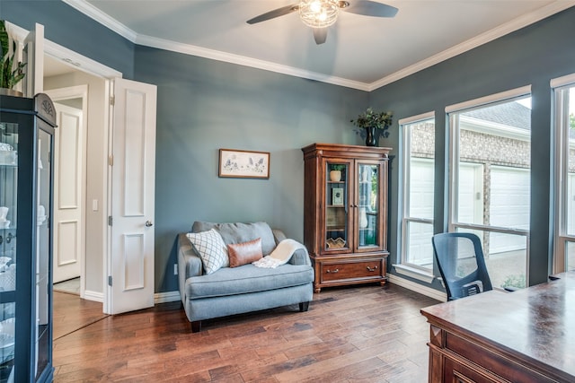 office with ceiling fan, dark hardwood / wood-style floors, and ornamental molding