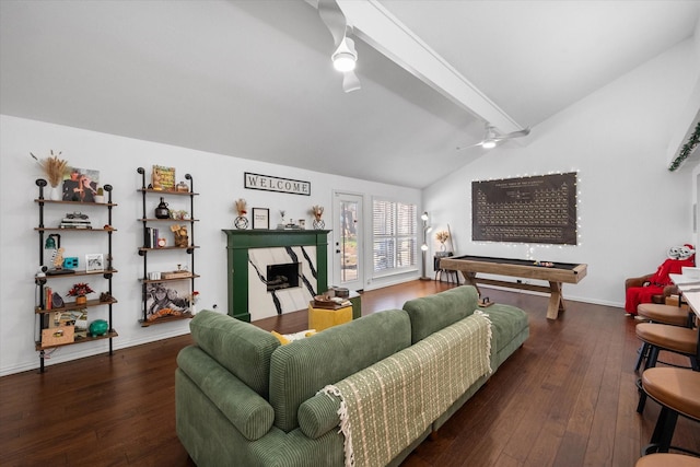 living room with ceiling fan, lofted ceiling with beams, dark hardwood / wood-style flooring, and pool table