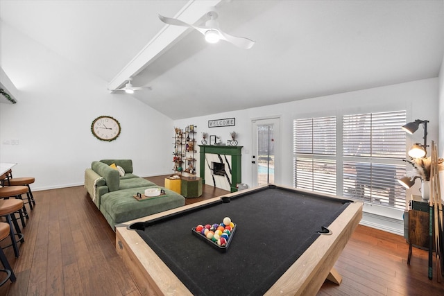 rec room with ceiling fan, hardwood / wood-style floors, billiards, and lofted ceiling with beams